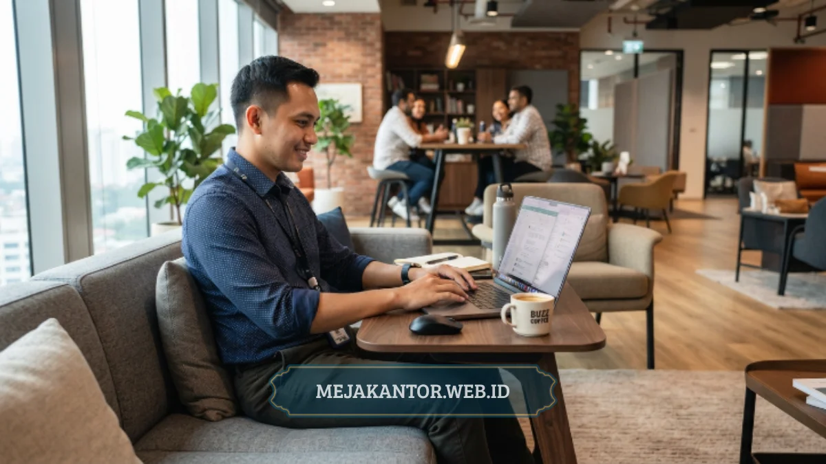 Meja Kerja Sofa digunakan dengan laptop di ruang santai kantor