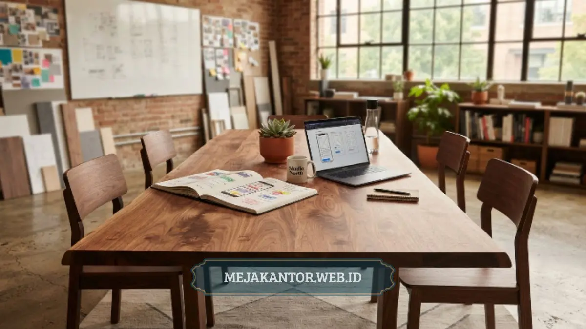 Desain meja rapat kayu untuk tim kreatif