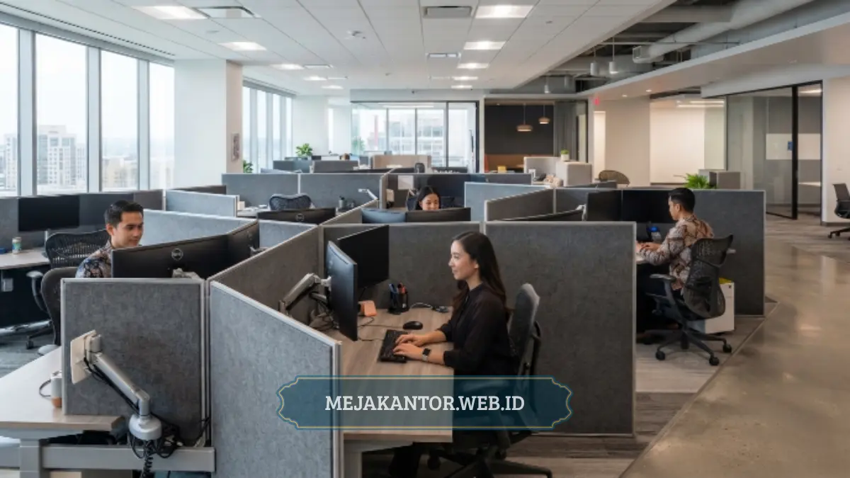 Ruang kantor open plan dengan partisi workstation kain
