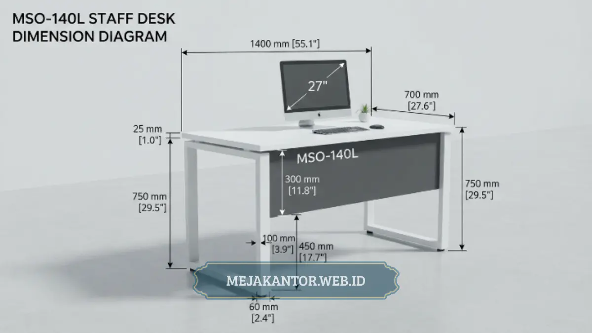 Diagram ukuran Meja Staff MSO-140L untuk workstation kantor
